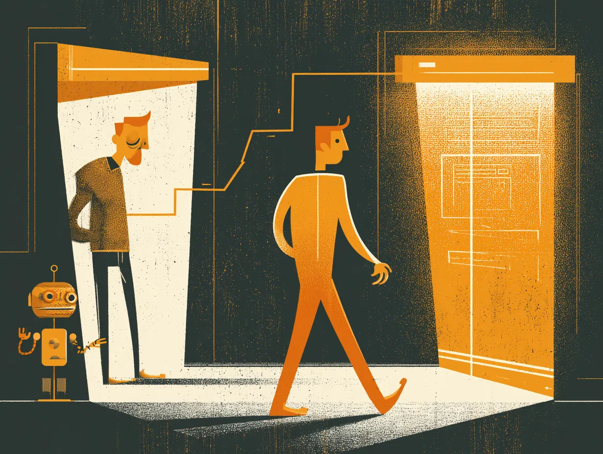 Illustration of a dejected small business owner watching from a dim storefront as a former client walks away toward a competitor's brighter, more professional website, showing a client lost to a better website.