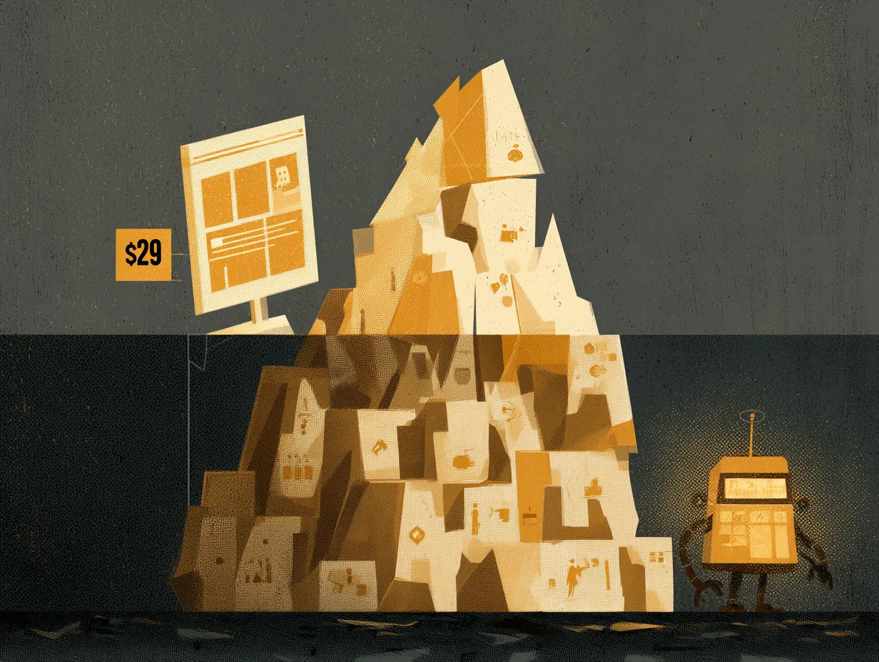 Illustration of a small $29 price tag beside a website screen, with a massive hidden iceberg of extra costs below the surface, showing the true cost of a DIY small business website.