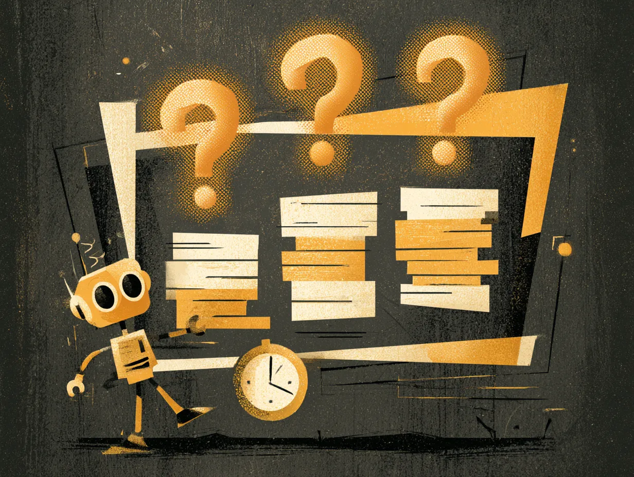 Illustration of a small business homepage answering three key visitor questions within ten seconds, three question marks turning into clear stacked message blocks.