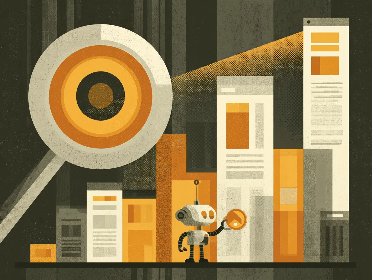 Illustration of a magnifying glass searching website listings and lifting one site to the top of Google search rankings, representing local SEO for a Squarespace website.