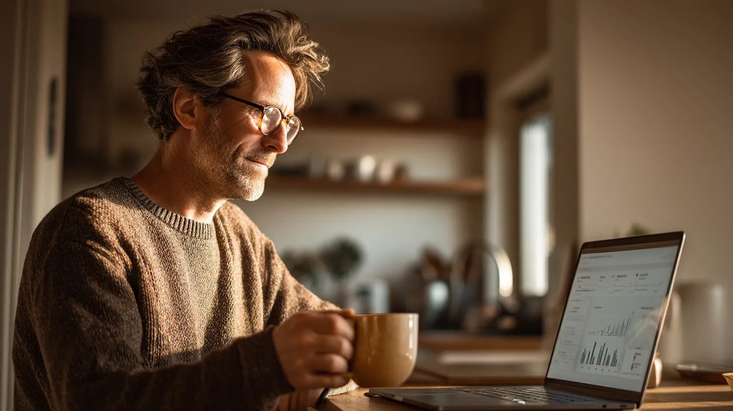 Business owner reviewing analytics dashboard over morning coffee