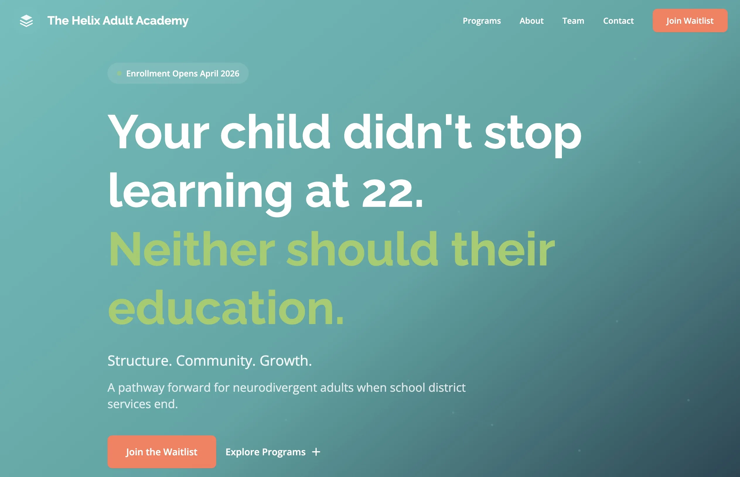 Helix Adult Academy website screenshot - built by TheGoodSite.co